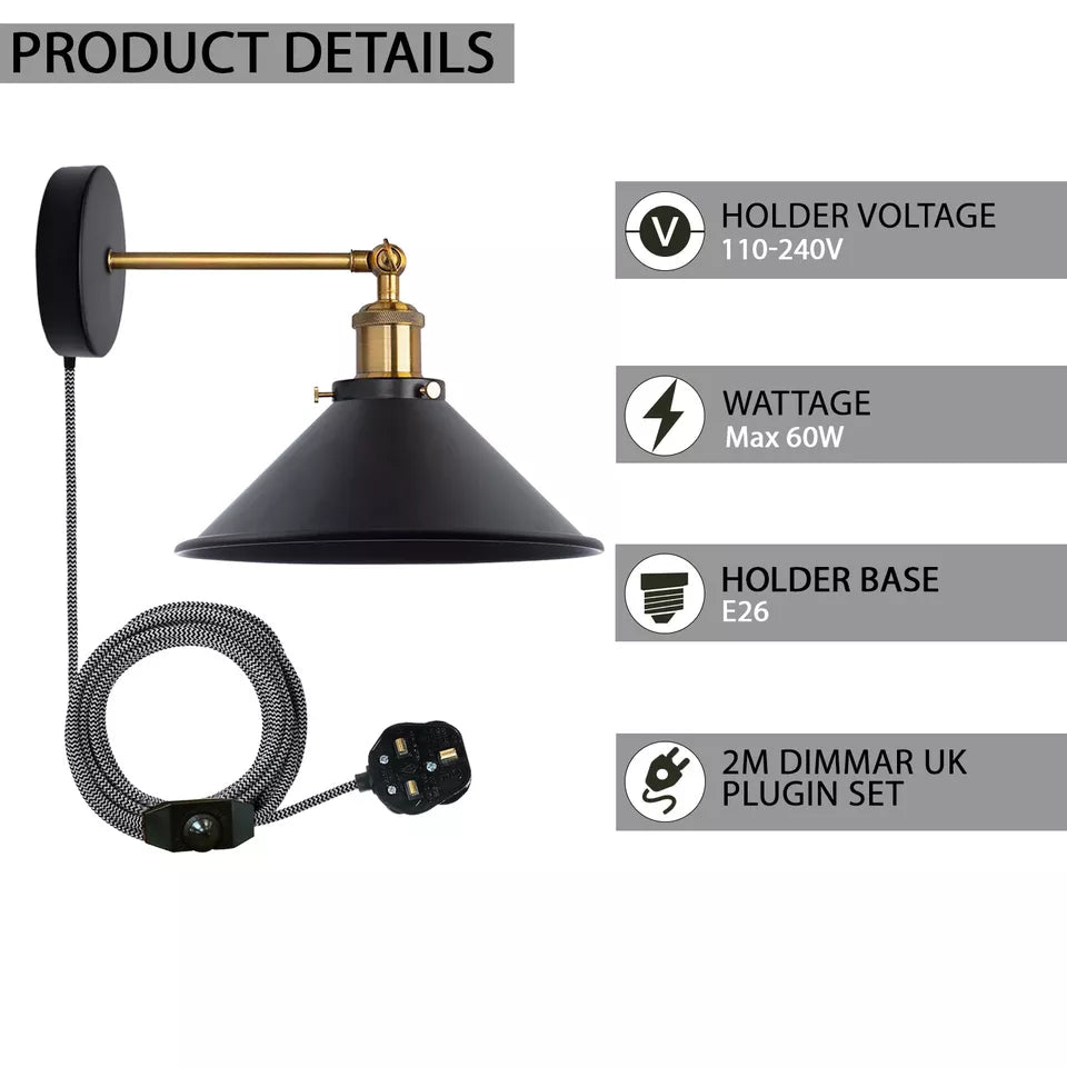 Plug-In Swing Arm Wall Light with Flat Cone Shade – Yellow Brass, Dimmer Cord - photo 5