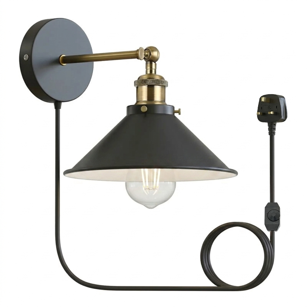 Plug-In Swing Arm Wall Light with Flat Cone Shade – Yellow Brass, Dimmer Cord - Yellow Brass, Flat Cone 22 cm Black & White Inner Shade Ring, Plug-in, 2 m Dimmer Cord, Without Bulb