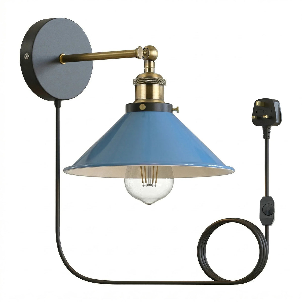 Plug-In Swing Arm Wall Light with Flat Cone Shade – Yellow Brass, Dimmer Cord - Yellow Brass, Flat Cone 22 cm Blue Shade Ring, Plug-in, 2 m Dimmer Cord, Without Bulb