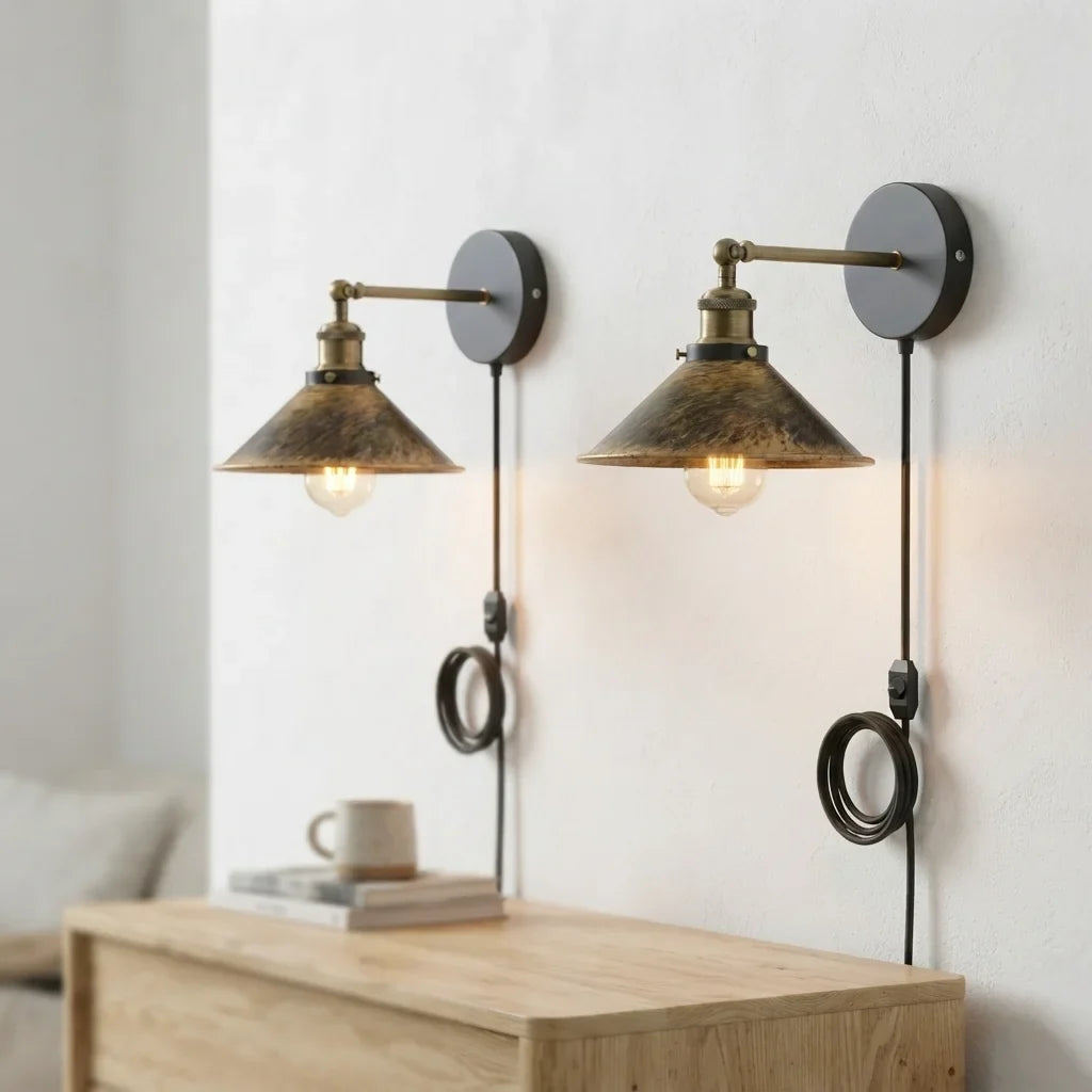 Plug-In Swing Arm Wall Light with Flat Cone Shade – Yellow Brass, Dimmer Cord - Yellow Brass, Flat Cone 22 cm Brushed Copper Pack of 2, Without Bulb