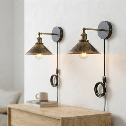 Plug-In Swing Arm Wall Light with Flat Cone Shade – Yellow Brass, Dimmer Cord - Yellow Brass, Flat Cone 22 cm Brushed Copper Pack of 2, Without Bulb
