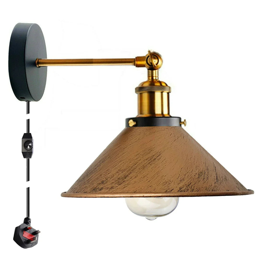 Plug-In Swing Arm Wall Light with Flat Cone Shade – Yellow Brass, Dimmer Cord - Yellow Brass, Flat Cone 22 cm Brushed Copper, Without Bulb