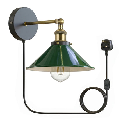 Plug-In Swing Arm Wall Light with Flat Cone Shade – Yellow Brass, Dimmer Cord - Yellow Brass, Flat Cone 22 cm Green Shade Ring, Plug-in, 2 m Dimmer Cord, Without Bulb