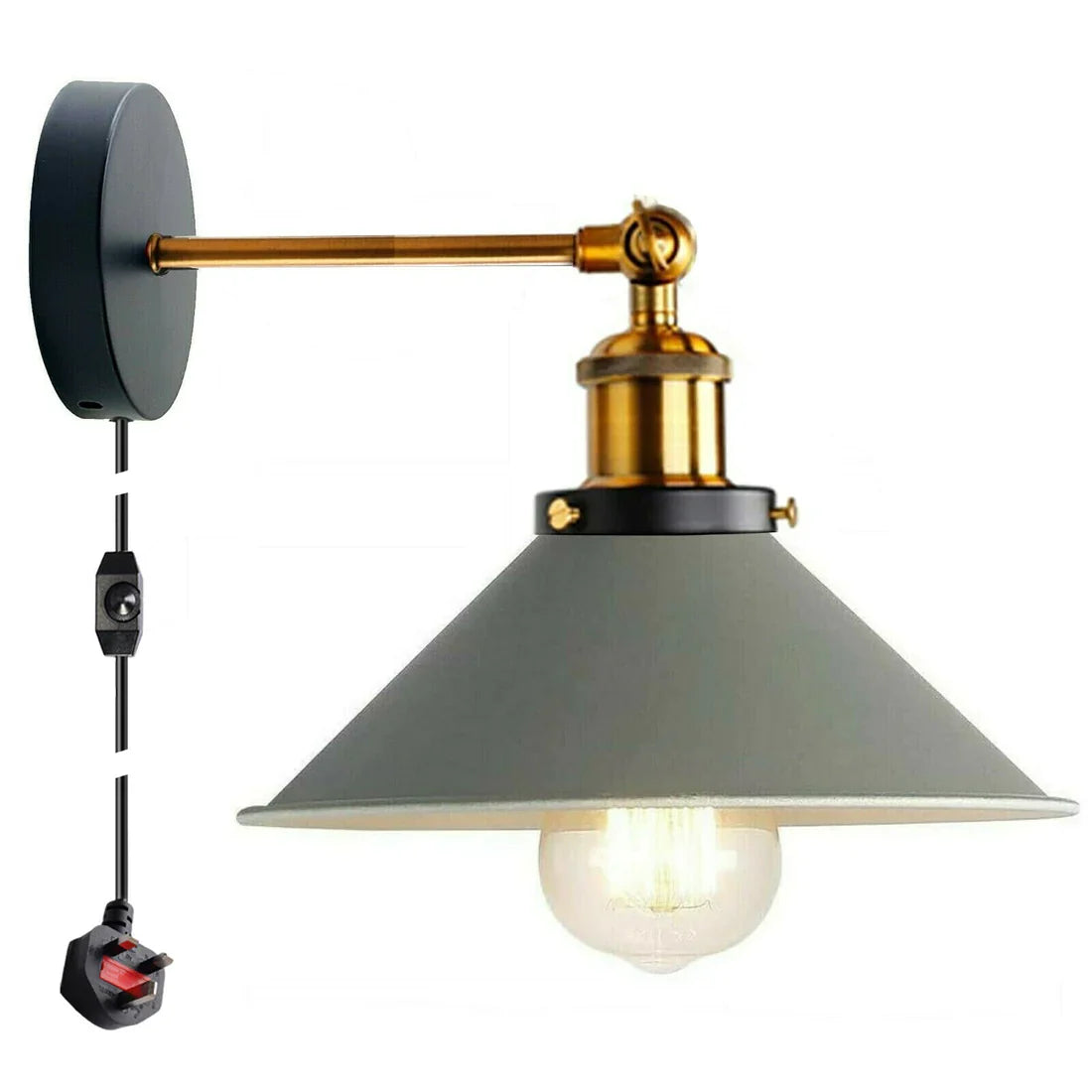 Plug-In Swing Arm Wall Light with Flat Cone Shade – Yellow Brass, Dimmer Cord - Yellow Brass, Flat Cone 22 cm Grey, Without Bulb