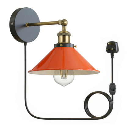 Plug-In Swing Arm Wall Light with Flat Cone Shade – Yellow Brass, Dimmer Cord - Yellow Brass, Flat Cone 22 cm Orange Shade Ring, Plug-in, 2 m Dimmer Cord, Without Bulb