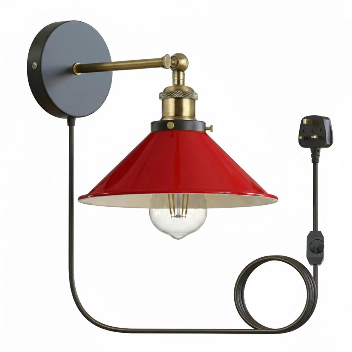 Plug-In Swing Arm Wall Light with Flat Cone Shade – Yellow Brass, Dimmer Cord - Yellow Brass, Flat Cone 22 cm Red Shade Ring, Plug-in, 2 m Dimmer Cord, Without Bulb