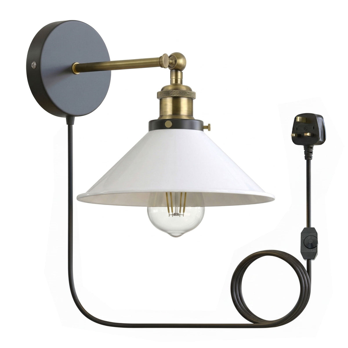 Plug-In Swing Arm Wall Light with Flat Cone Shade – Yellow Brass, Dimmer Cord - Yellow Brass, Flat Cone 22 cm White Shade Ring, Plug-in, 2 m Dimmer Cord, Without Bulb