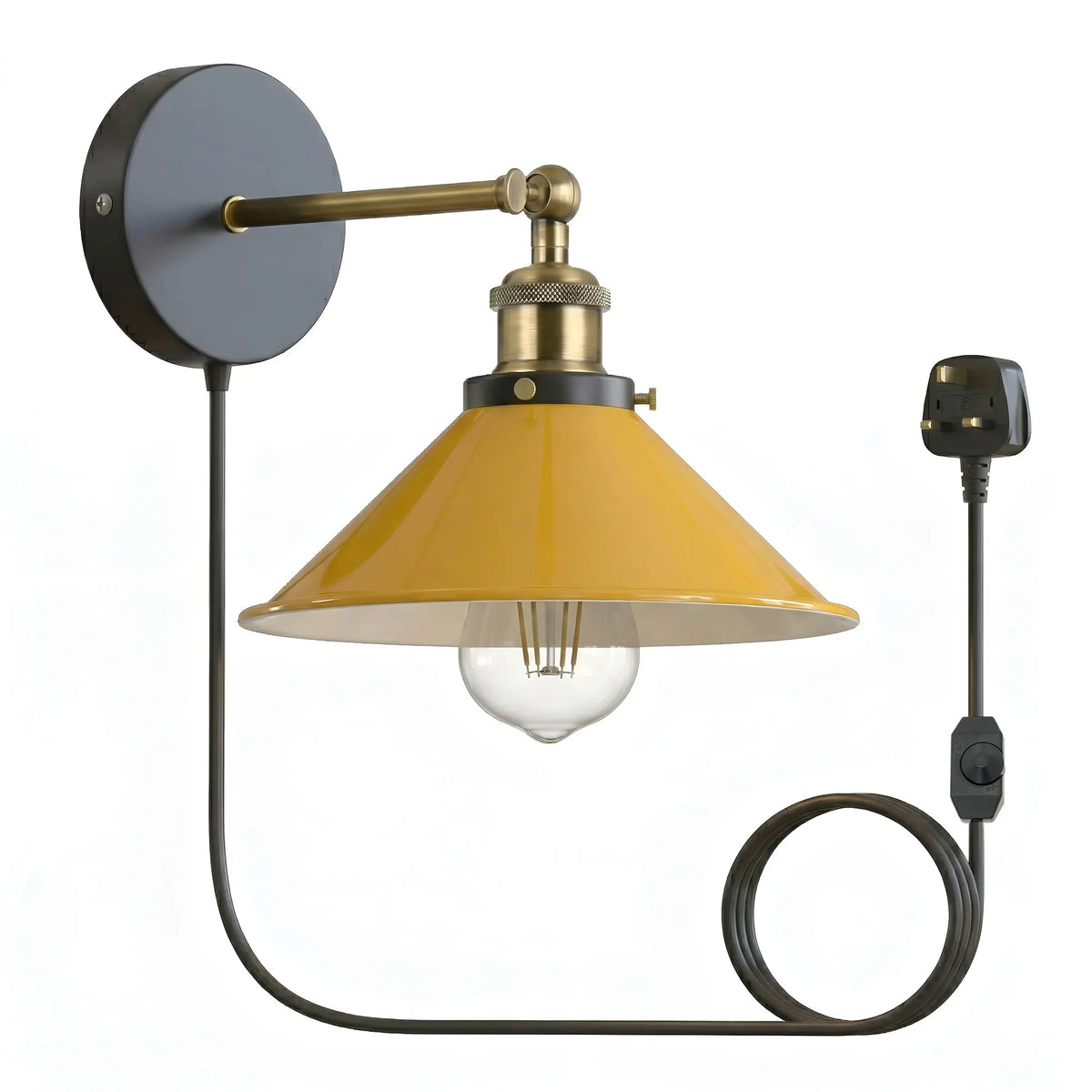 Plug-In Swing Arm Wall Light with Flat Cone Shade – Yellow Brass, Dimmer Cord - Yellow Brass, Flat Cone 22 cm Yellow Shade Ring, Plug-in, 2 m Dimmer Cord, Without Bulb