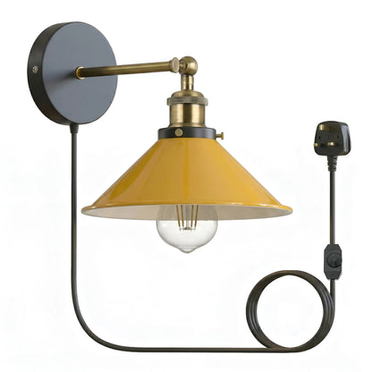 Plug-In Swing Arm Wall Light with Flat Cone Shade – Yellow Brass, Dimmer Cord - Yellow Brass, Flat Cone 22 cm Yellow Shade Ring, Plug-in, 2 m Dimmer Cord, Without Bulb