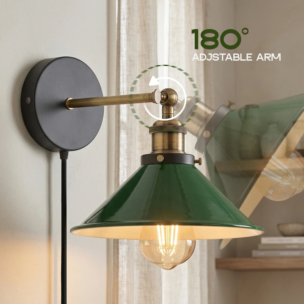 Plug-In Swing Arm Wall Light with Flat Cone Shade – Yellow Brass, Dimmer Cord