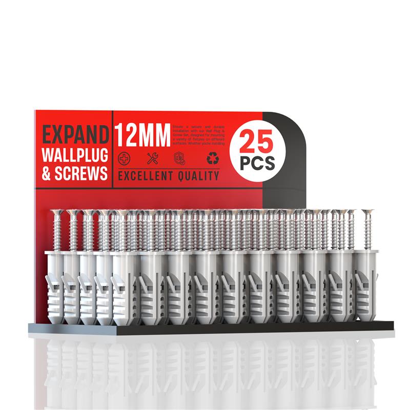 Grey Wall Plugs and Screws, 12 mm – Pack of 25 - 25 Plugs & Screws
