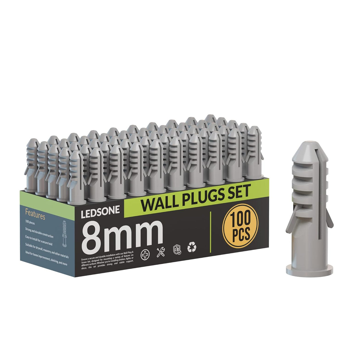 Grey Plastic Wall Plugs, Pack of 100 – 8, 10 or 12 mm, Plugs Only - 8 mm, 100 Plugs