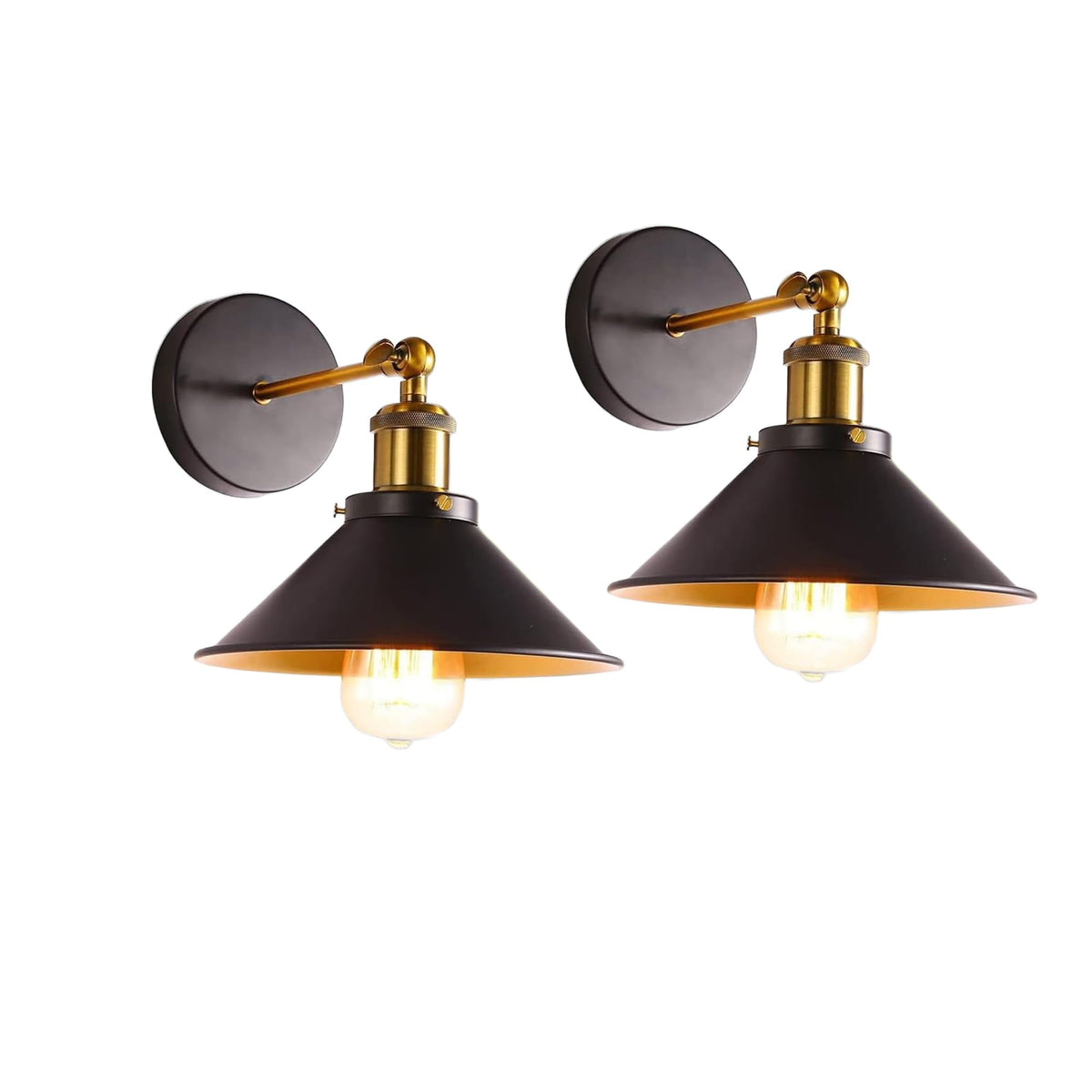 Swing Arm Wall Light with Flat Cone Shade – Pack of 2, Black or Brass - Yellow Brass, Flat Cone 22 cm Black & Gold, Without Bulb