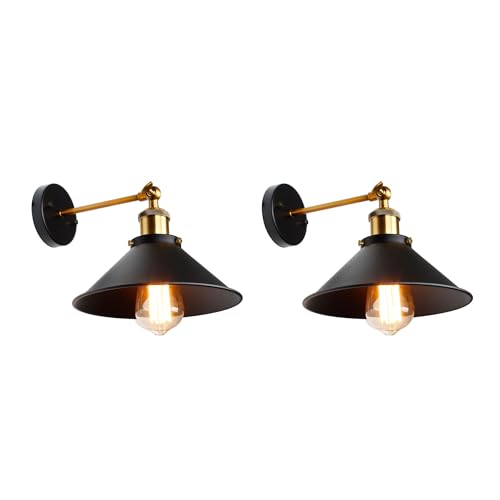 Swing Arm Wall Light with Flat Cone Shade – Pack of 2, Black or Brass - Yellow Brass, Flat Cone 22 cm Black, ST64 LED Bulb 4W