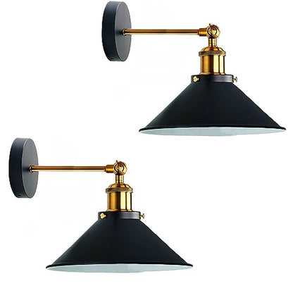 Swing Arm Wall Light with Flat Cone Shade – Pack of 2, Black or Brass - Yellow Brass, Flat Cone 22 cm Black & White Inner, Without Bulb