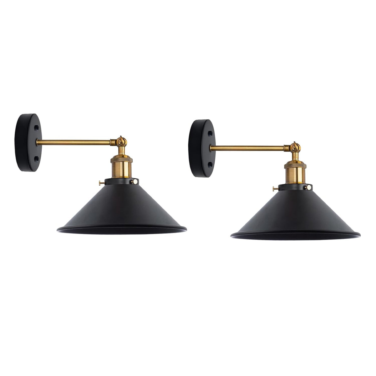 Swing Arm Wall Light with Flat Cone Shade – Pack of 2, Black or Brass - Yellow Brass, Flat Cone 22 cm Black, Without Bulb