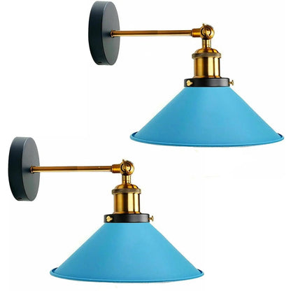 Swing Arm Wall Light with Flat Cone Shade – Pack of 2, Black or Brass - Yellow Brass, Flat Cone 22 cm Blue, Without Bulb