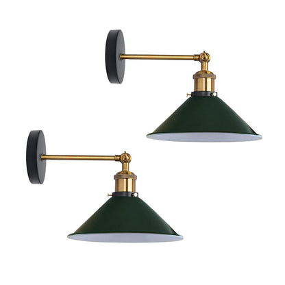 Swing Arm Wall Light with Flat Cone Shade – Pack of 2, Black or Brass - Yellow Brass, Flat Cone 22 cm Green, Without Bulb