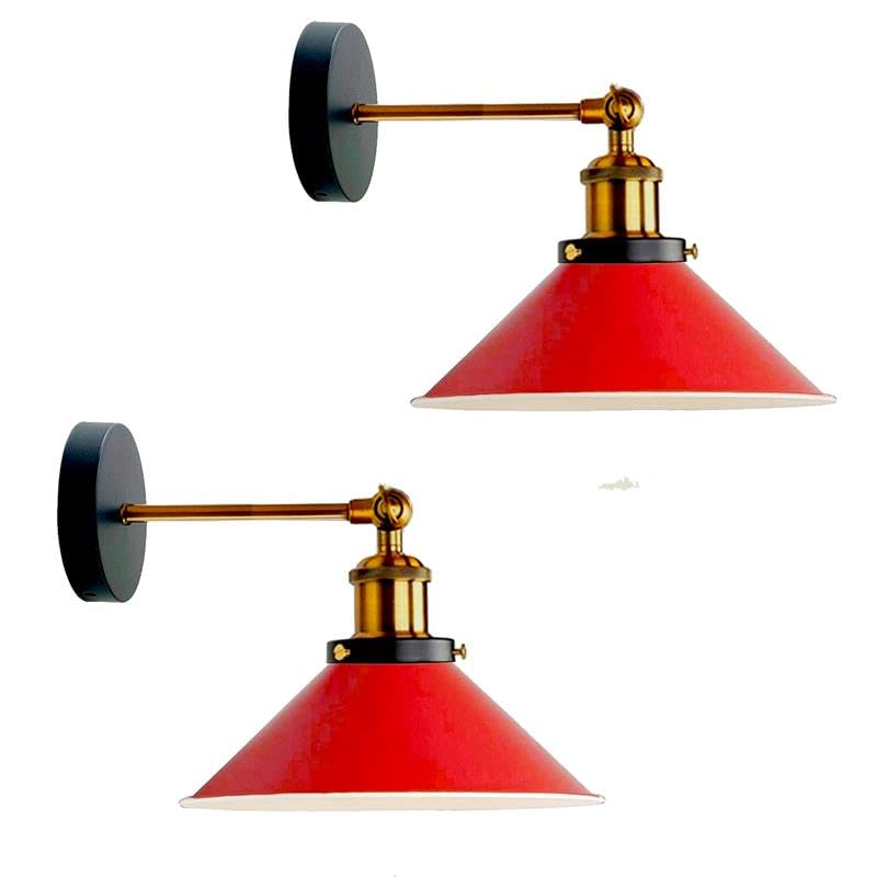 Swing Arm Wall Light with Flat Cone Shade – Pack of 2, Black or Brass - Yellow Brass, Flat Cone 22 cm Red, Without Bulb