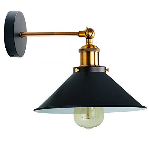 Straight Arm Wall Sconce with Shade – Black or Yellow Brass, E27 - Yellow Brass, Flat Cone 22 cm Black Shade Ring, Without Bulb