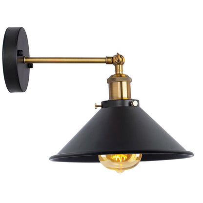 Straight Arm Wall Sconce with Shade – Black or Yellow Brass, E27 - Yellow Brass, Flat Cone 22 cm Black, Without Bulb