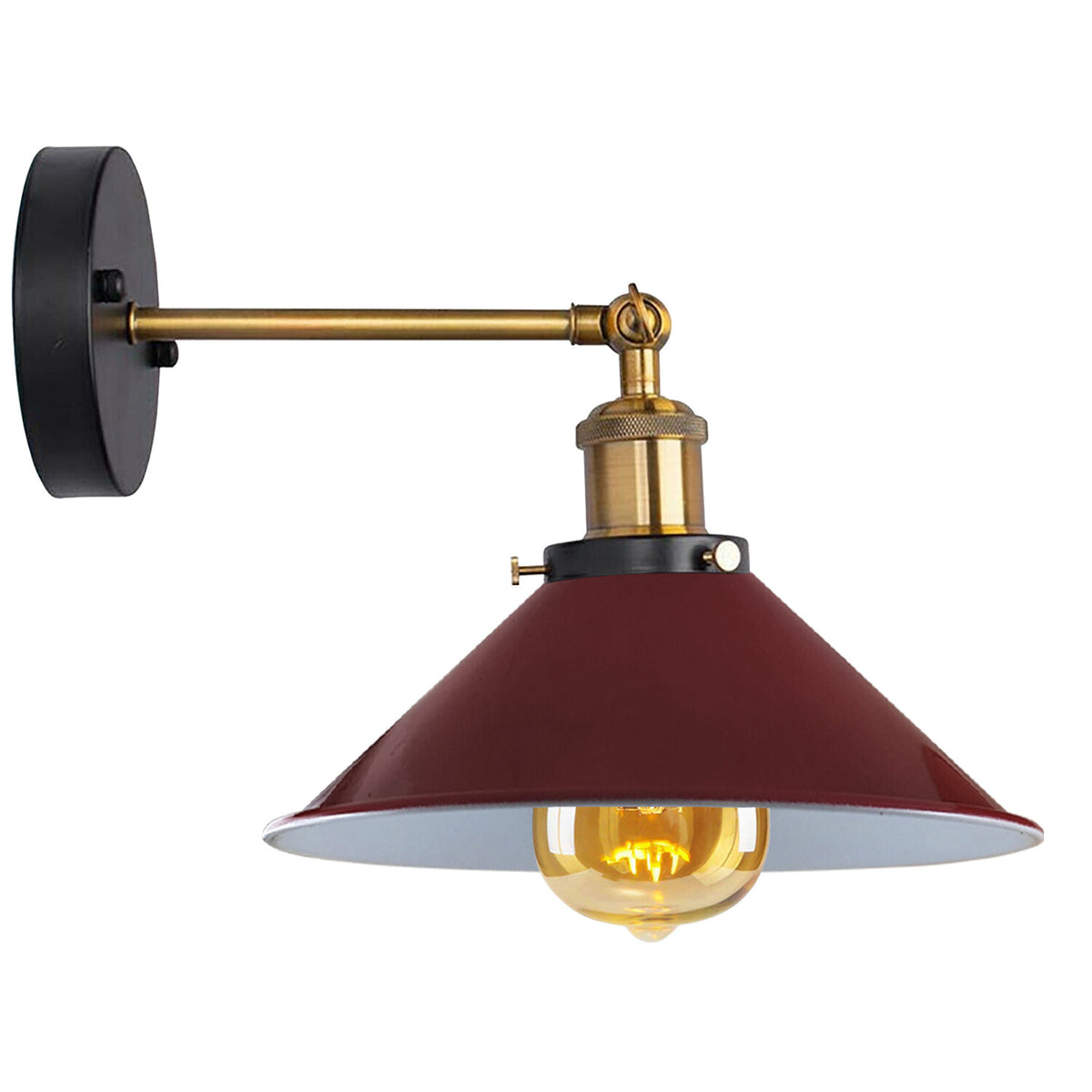 Straight Arm Wall Sconce with Shade – Black or Yellow Brass, E27 - Yellow Brass, Flat Cone 22 cm Burgundy, Without Bulb