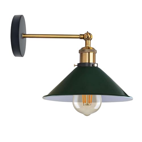 Straight Arm Wall Sconce with Shade – Black or Yellow Brass, E27 - Yellow Brass, Flat Cone 22 cm Green, Without Bulb
