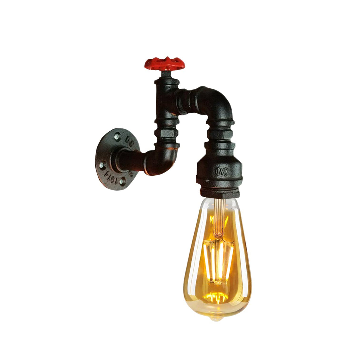 Water Pipe Valve Wall Light – 5 Finishes, E27 - Black, No Shade, ST64 LED Bulb 4W