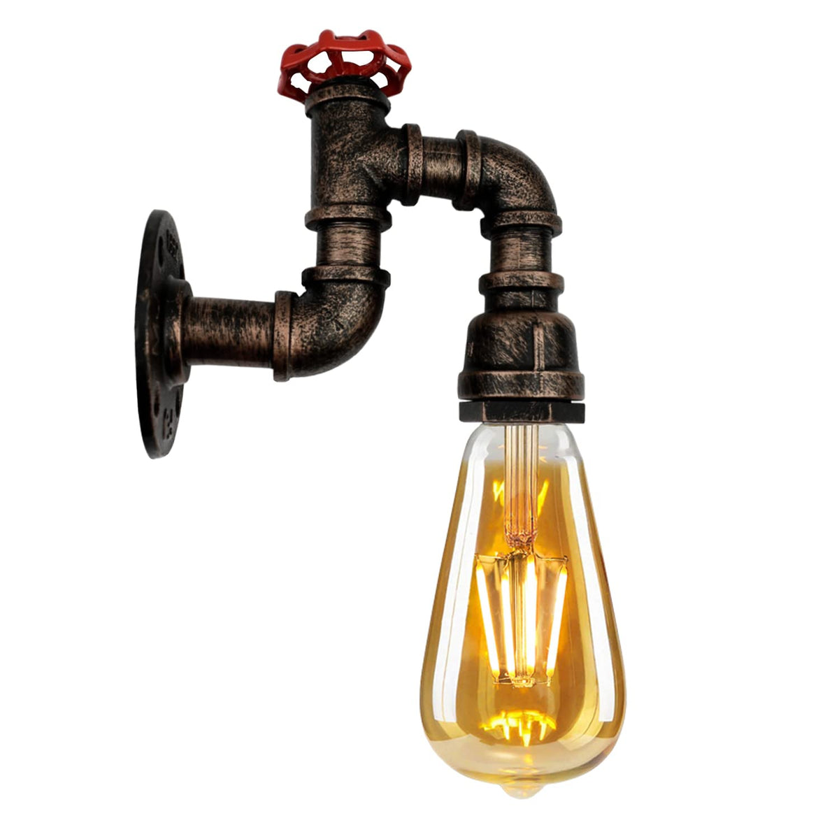 Water Pipe Valve Wall Light – 5 Finishes, E27 - Brushed Copper, No Shade, ST64 LED Bulb 4W