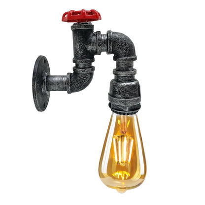 Water Pipe Valve Wall Light – 5 Finishes, E27 - Brushed Silver, No Shade, ST64 LED Bulb 4W