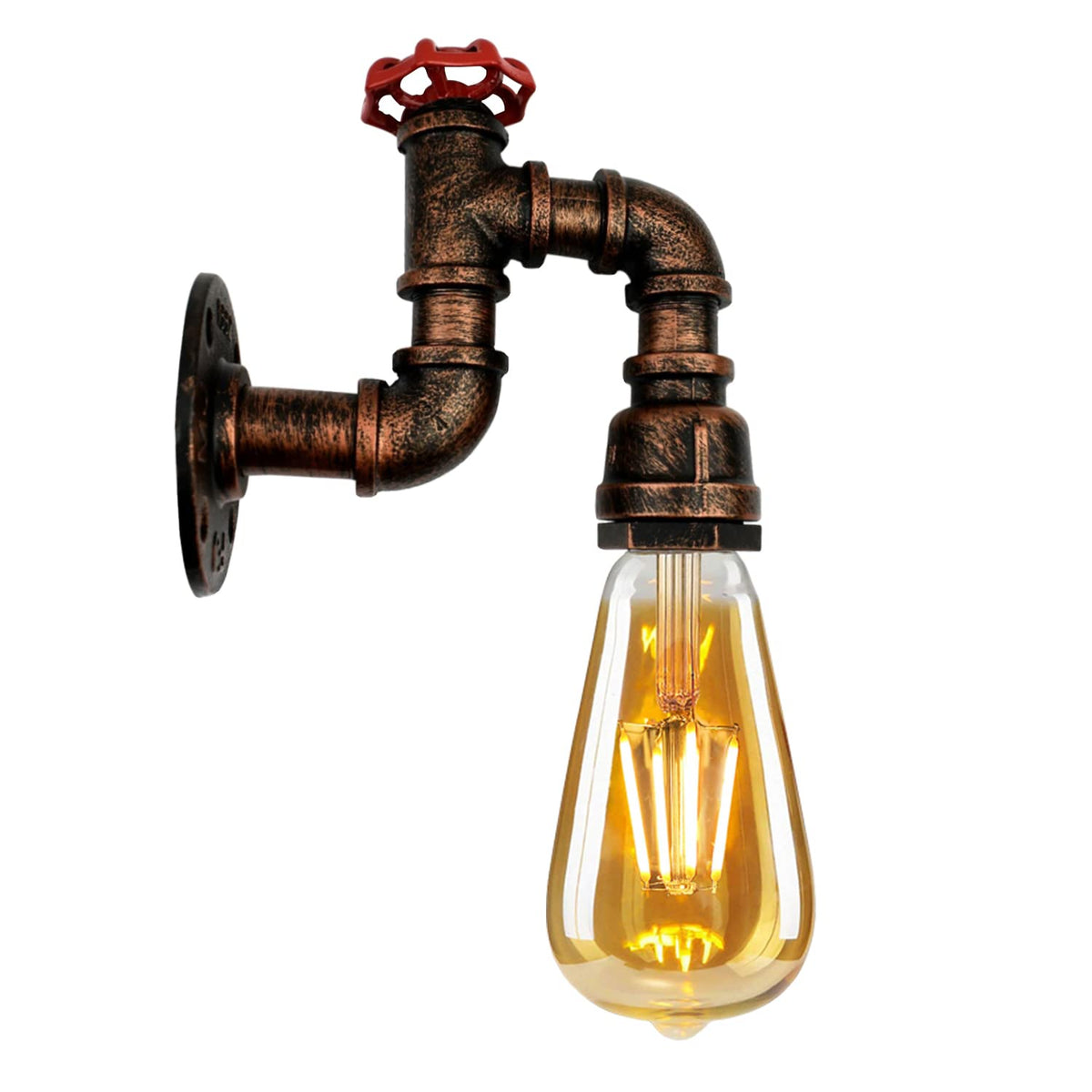 Water Pipe Valve Wall Light – 5 Finishes, E27 - Rustic Red, No Shade, ST64 LED Bulb 4W