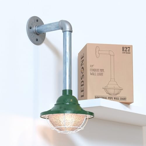 Industrial Galvanised Pipe Wall Light with Shade - Standard, Lantern Cage 17 cm Green, Without Bulb