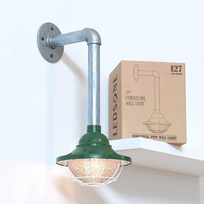 Industrial Galvanised Pipe Wall Light with Shade - Standard, Lantern Cage 17 cm Green, Without Bulb