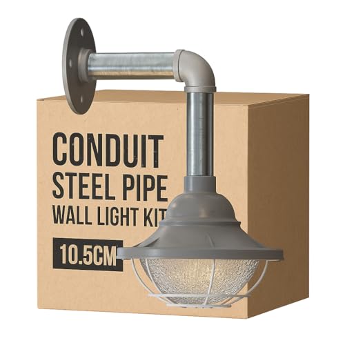 Industrial Galvanised Pipe Wall Light with Shade - Standard, Lantern Cage 17 cm Grey, Without Bulb
