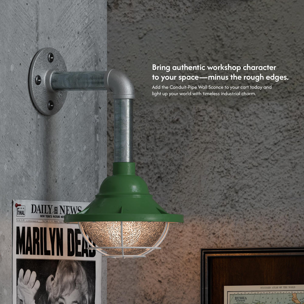 Industrial Galvanised Pipe Wall Light with Shade