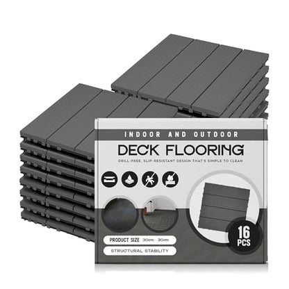 Grey PVC Interlocking Deck Tiles – 30 x 30 cm, Packs of 6, 9 or 16 - 16 Tiles