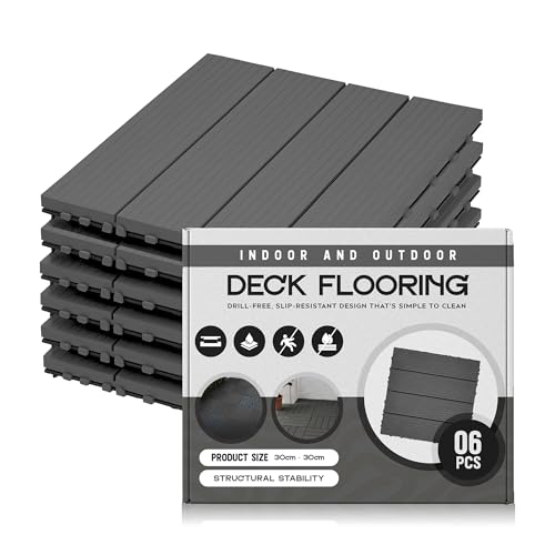 Grey PVC Interlocking Deck Tiles – 30 x 30 cm, Packs of 6, 9 or 16 - 6 Tiles