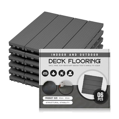 Grey PVC Interlocking Deck Tiles – 30 x 30 cm, Packs of 6, 9 or 16 - 6 Tiles
