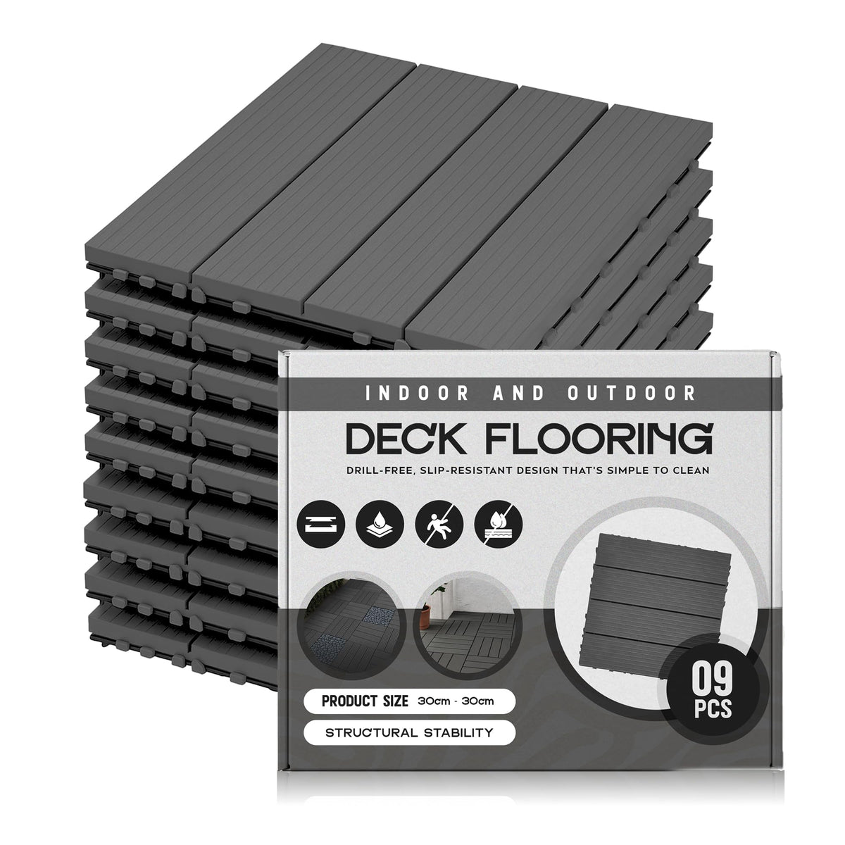 Grey PVC Interlocking Deck Tiles – 30 x 30 cm, Packs of 6, 9 or 16 - 9 Tiles