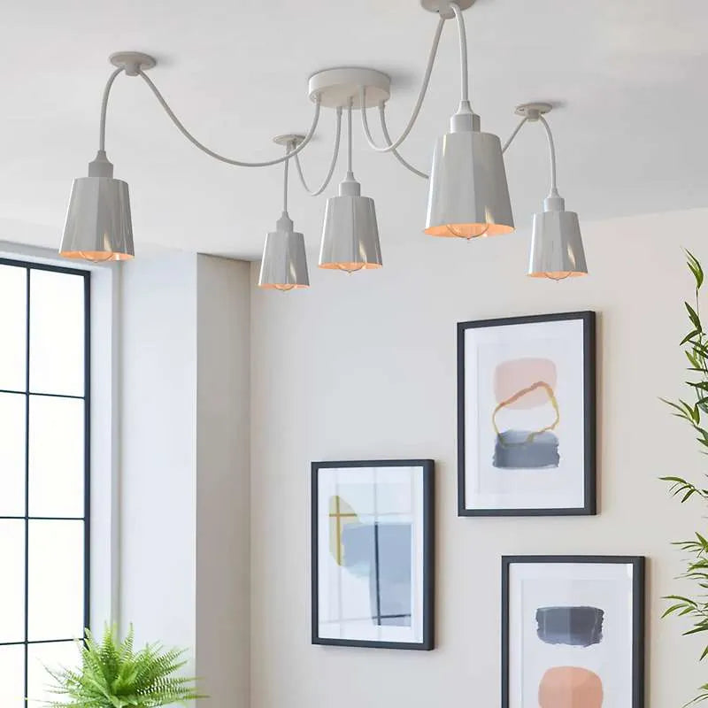 5-Light Spider Pendant – White Metal Shades, Fabric Cable, E27 - photo 2