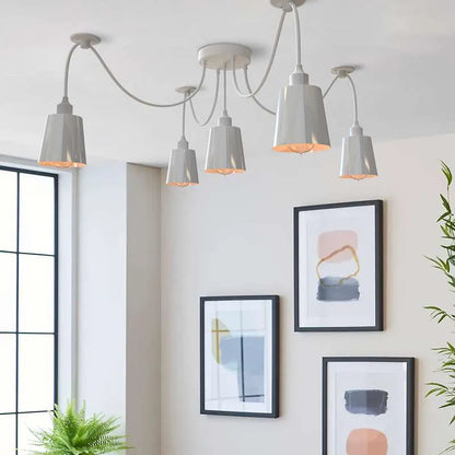 5-Light Spider Pendant – White Metal Shades, Fabric Cable, E27 - photo 2