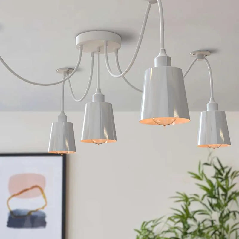 5-Light Spider Pendant – White Metal Shades, Fabric Cable, E27 - photo 3