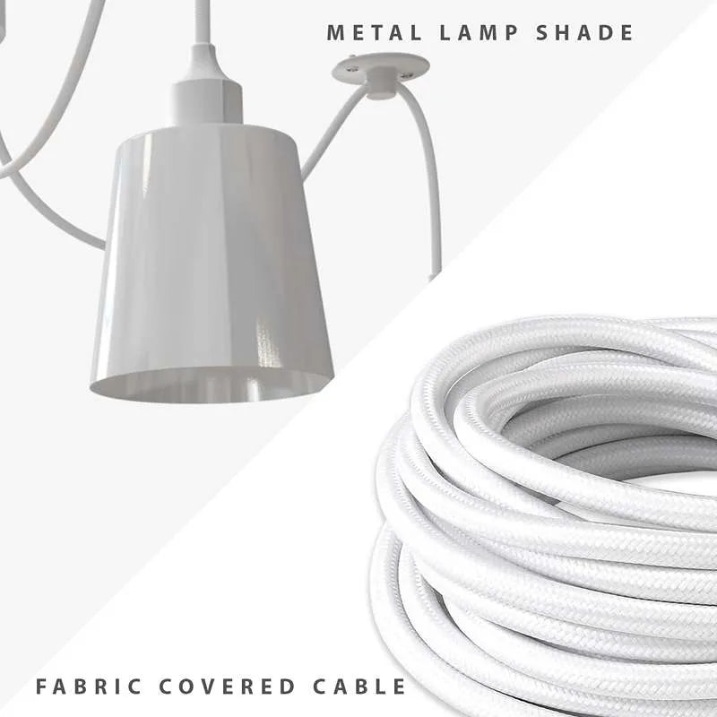 5-Light Spider Pendant – White Metal Shades, Fabric Cable, E27 - photo 4