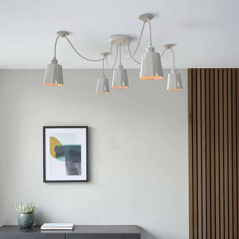 5-Light Spider Pendant – White Metal Shades, Fabric Cable, E27
