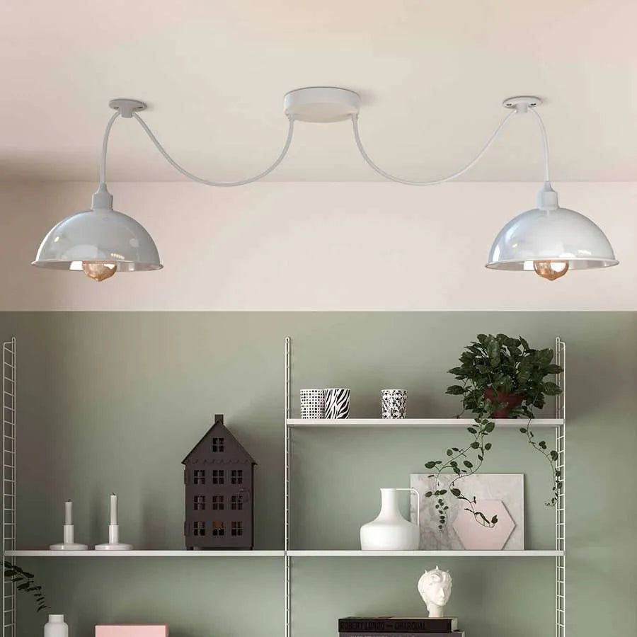 2-Light Spider Pendant – White Dome Shades, Fabric Cable, E27