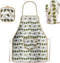 Kitchen set with apron, pot holder, and oven mitt featuring green leaf pattern on a white background