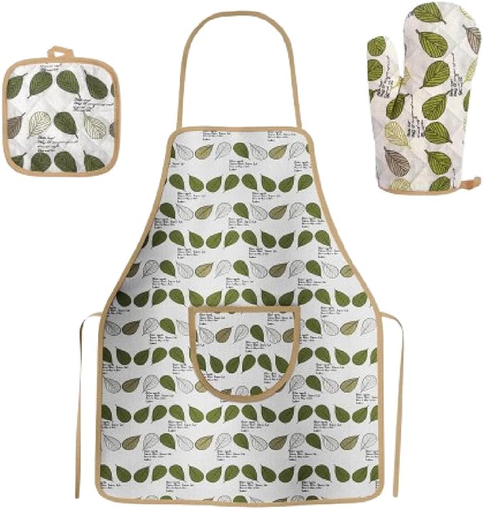 Kitchen set with apron, pot holder, and oven mitt featuring green leaf pattern on a white background