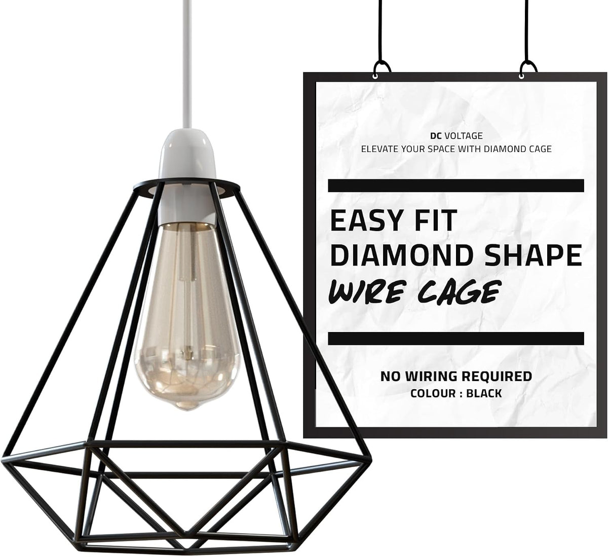 Diamond Wire Cage Lamp Shade – Easy Fit with Reducer Ring - Black, Model WCDC, Single