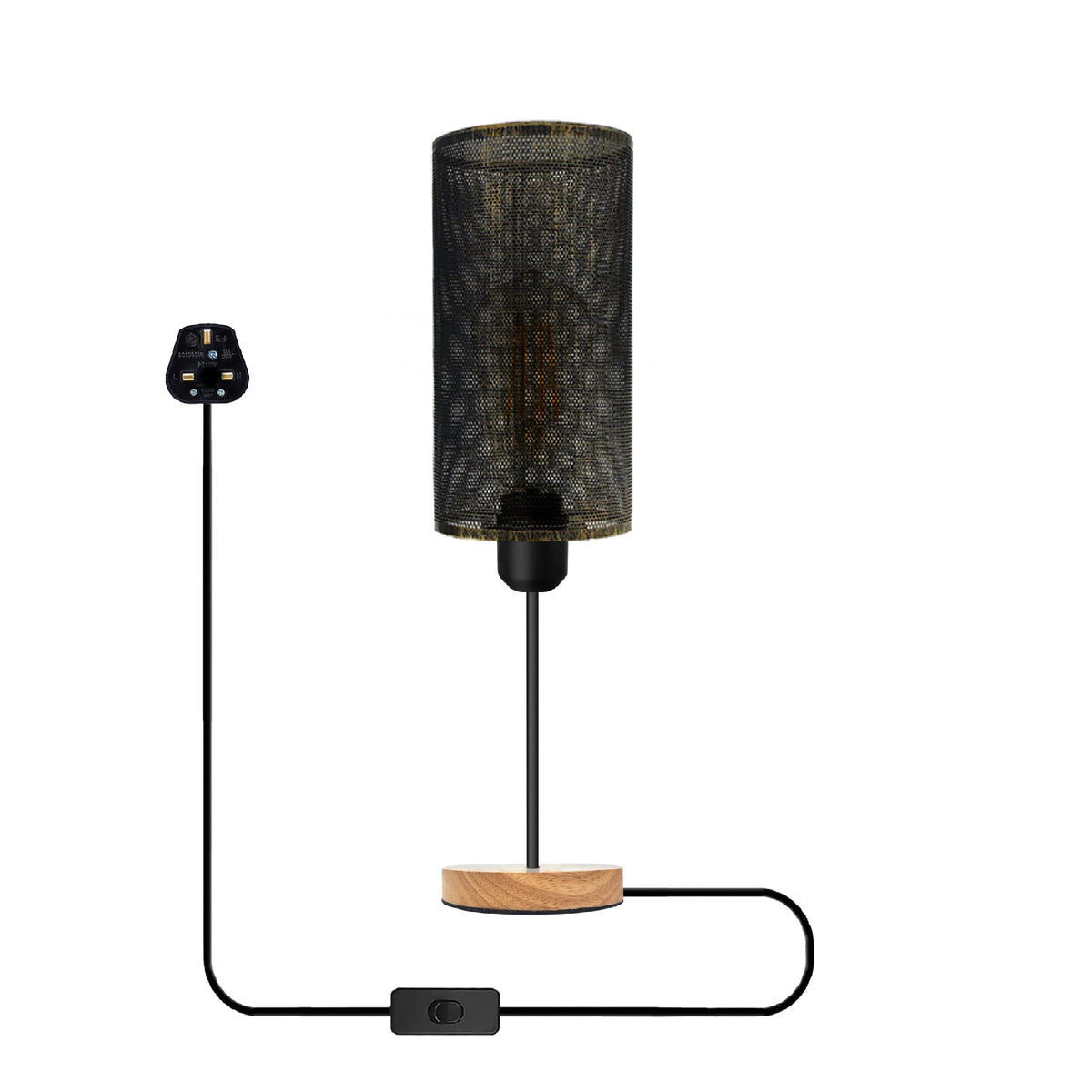 Wire Cage Table Lamp with Wooden Base E27 - Brushed Copper, Without Bulb