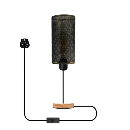 Wire Cage Table Lamp with Wooden Base E27 - Brushed Copper, Without Bulb